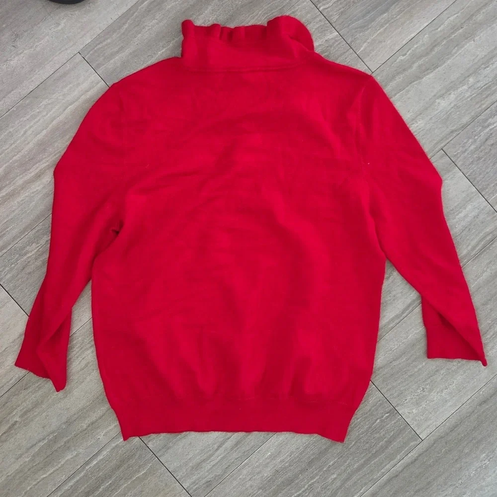 ModCloth Womens Red Ruffle Collar Button Front Knit Sweater Top Large Ruby Red